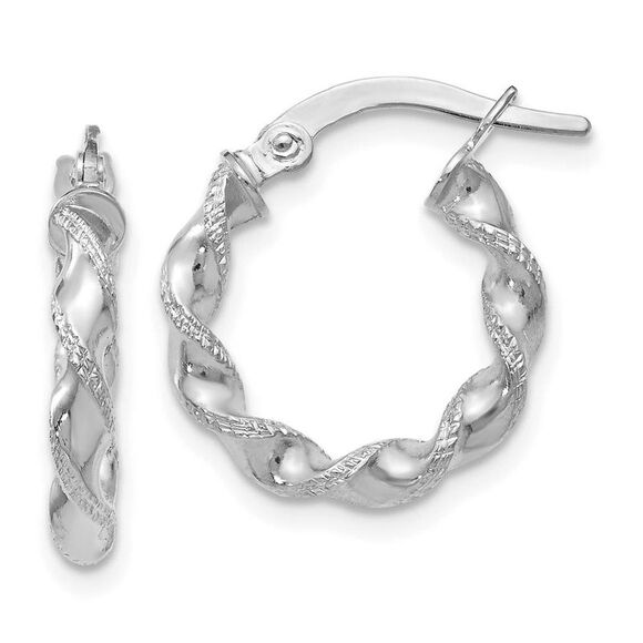 2.5mm 10k White Gold Polished & Textured Twisted Hoops, 15mm - Picture 1 of 5